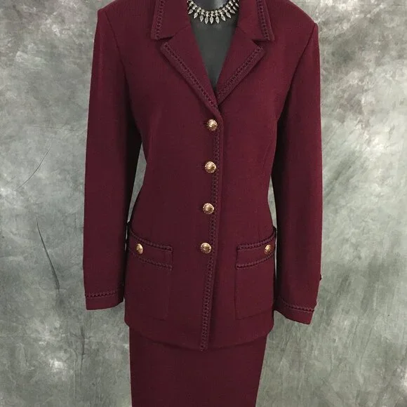 BEAUTIFUL st john collection knit burgundy jacket skirt suit size 10 12 - Picture 3 of 10